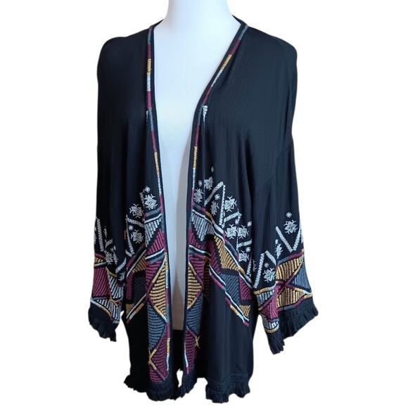KNOX ROSE Artsy Embroidered Kimono Duster Cardigan Jacket XS Fringe‎ Open Front - Picture 3 of 9